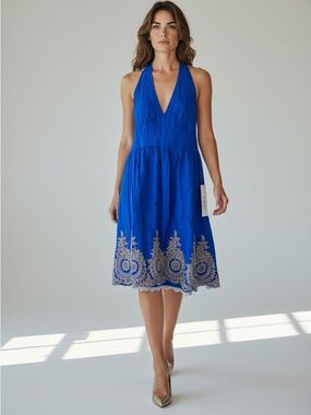 Deep Blue Halter Midi Dress‎ with Gold Embroidered Hem